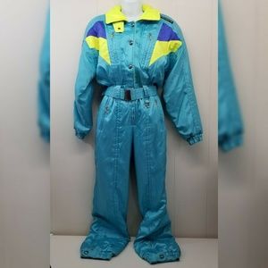 Descente 6 Ski Snow Suit Zip Up Blue Lime 80s Belt